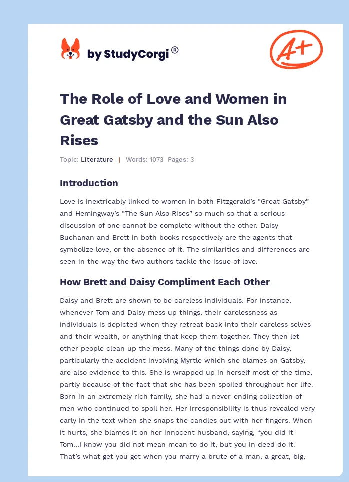 The Role of Love and Women in Great Gatsby and the Sun Also Rises. Page 1