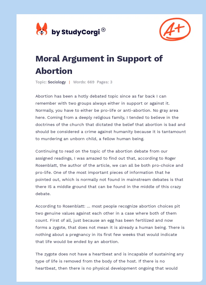 Moral Argument in Support of Abortion. Page 1