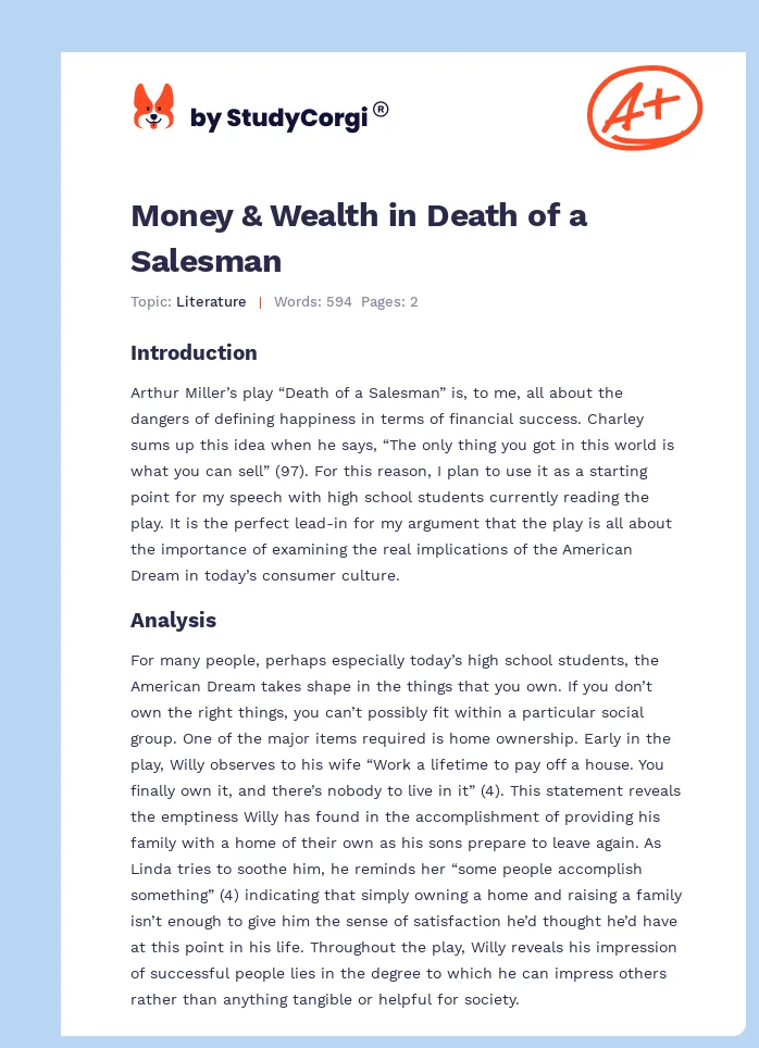 Money & Wealth in Death of a Salesman. Page 1