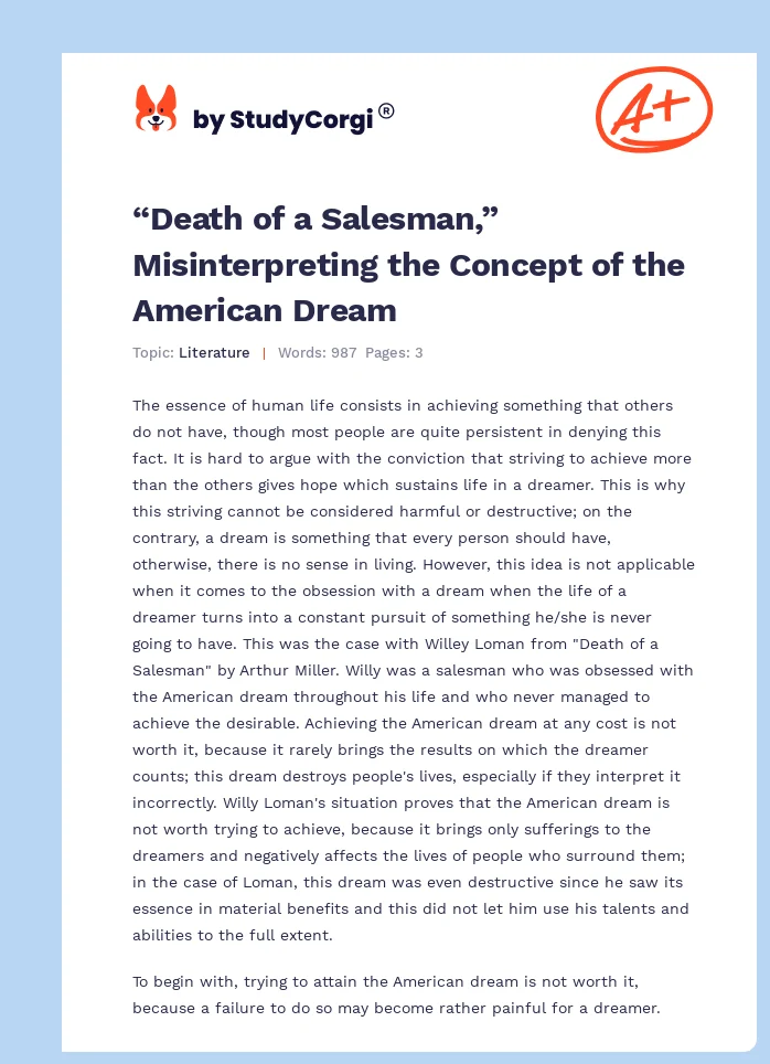 “Death of a Salesman,” Misinterpreting the Concept of the American Dream. Page 1