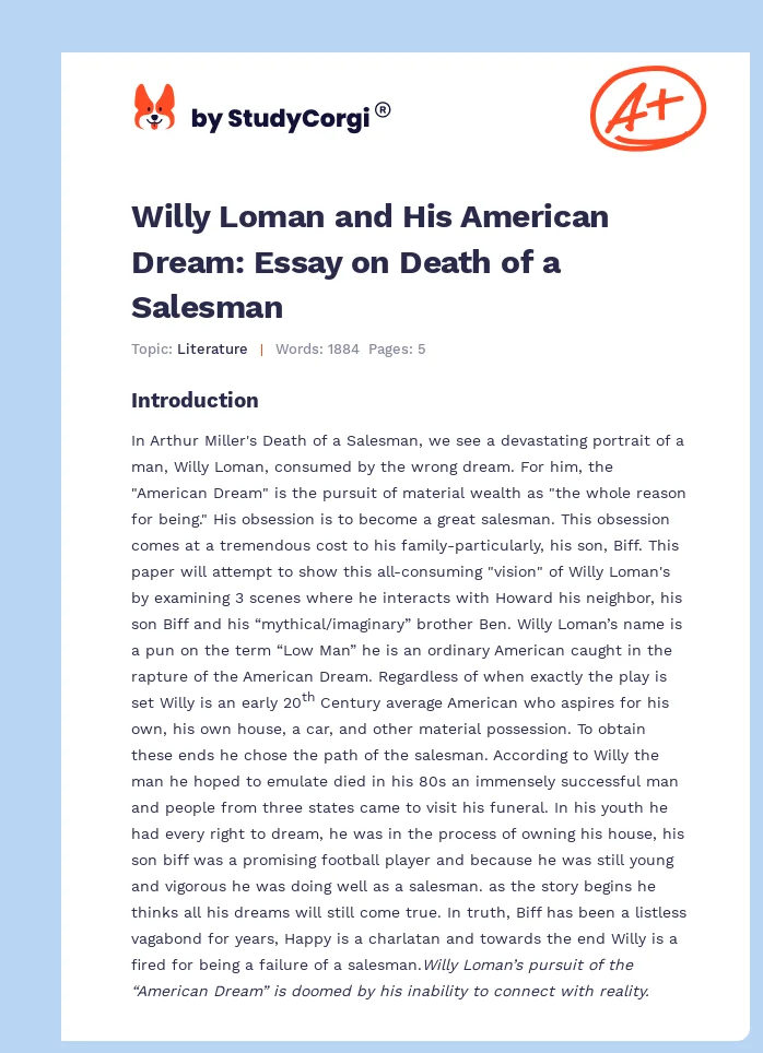 Willy Loman and His American Dream: Essay on Death of a Salesman. Page 1