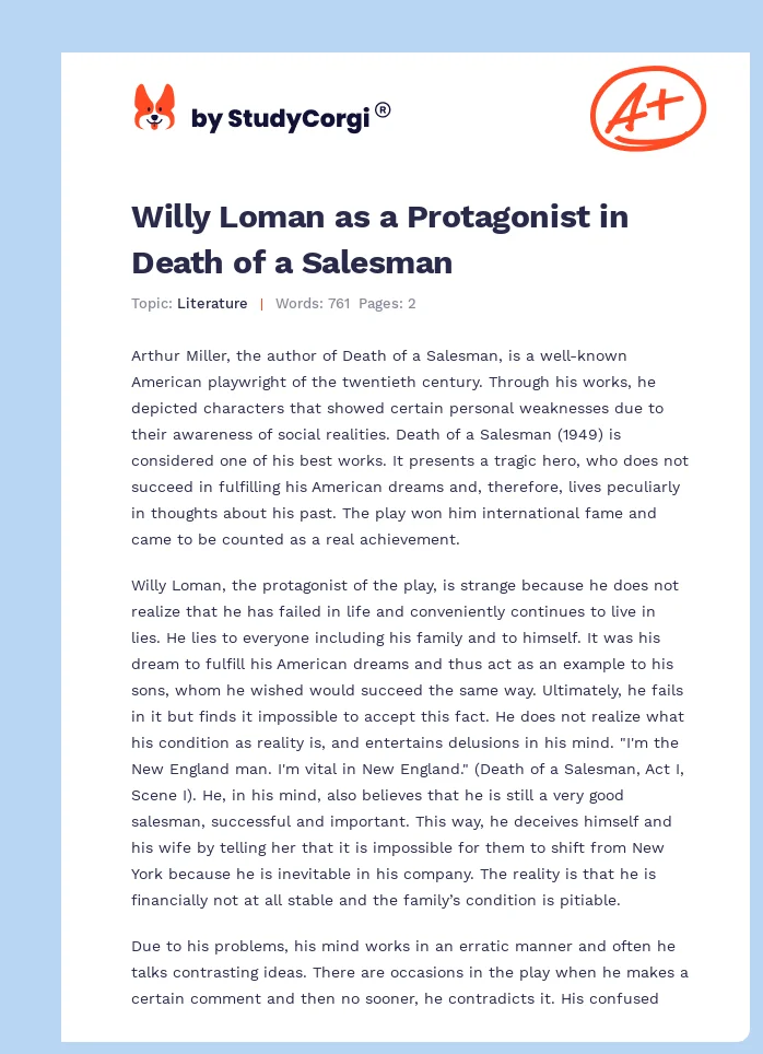 Willy Loman as a Protagonist in Death of a Salesman. Page 1