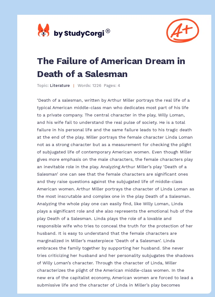 The Failure of American Dream in Death of a Salesman. Page 1