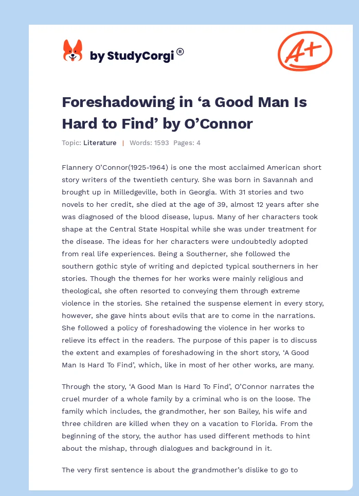 Foreshadowing in ‘a Good Man Is Hard to Find’ by O’Connor. Page 1