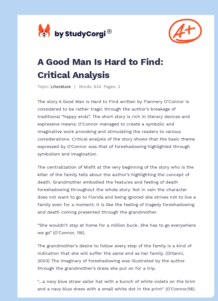 A Good Man Is Hard to Find: Critical Analysis. Page 1