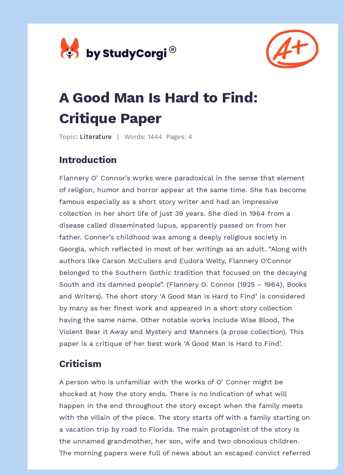 a good man is hard to find characterization essay