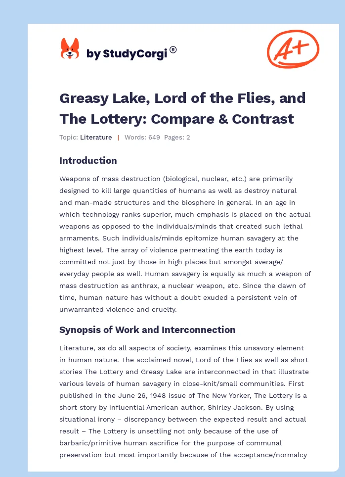 Greasy Lake, Lord of the Flies, and The Lottery: Compare & Contrast. Page 1