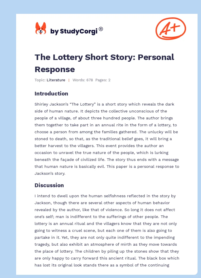 The Lottery Short Story: Personal Response. Page 1