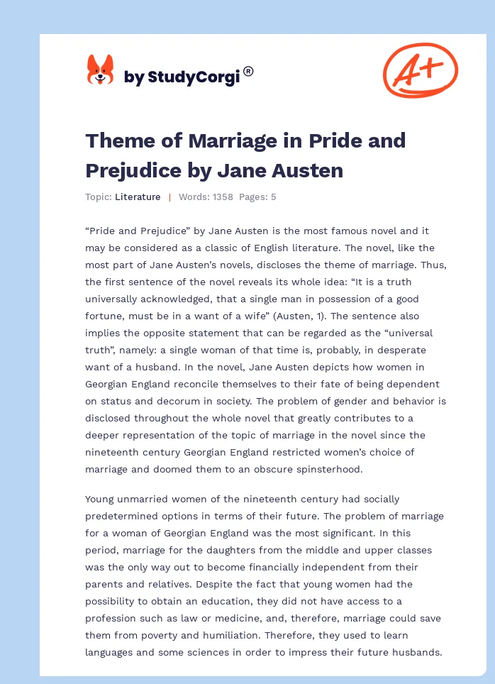 Theme of Marriage in Pride and Prejudice by Jane Austen. Page 1