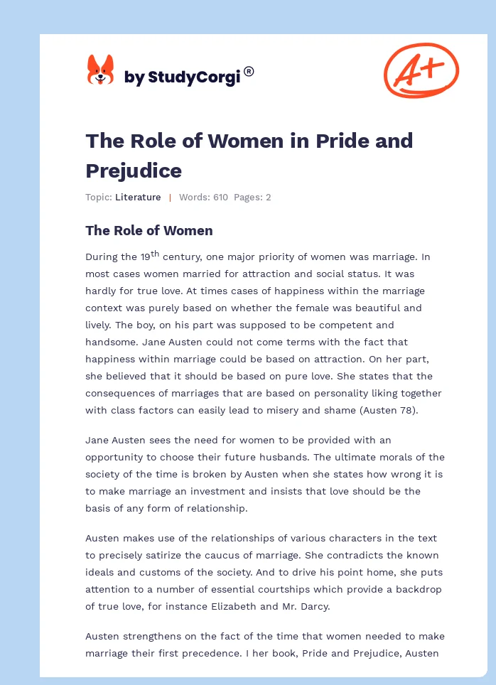 The Role of Women in Pride and Prejudice. Page 1