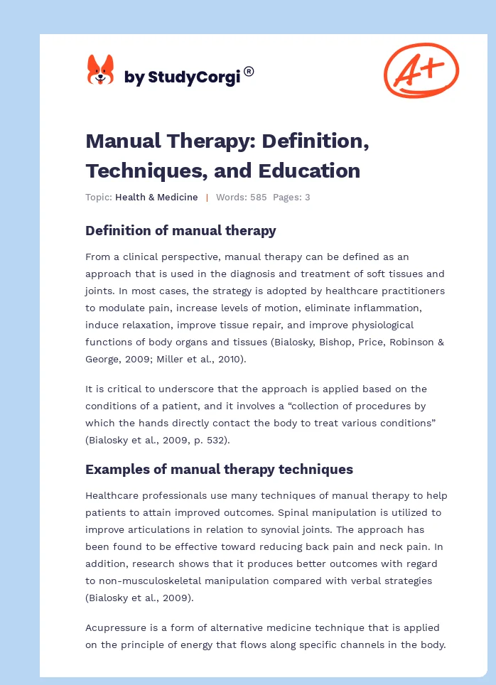 Manual Therapy: Definition, Techniques, and Education. Page 1
