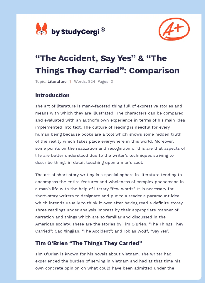 “The Accident, Say Yes” & “The Things They Carried”: Comparison. Page 1