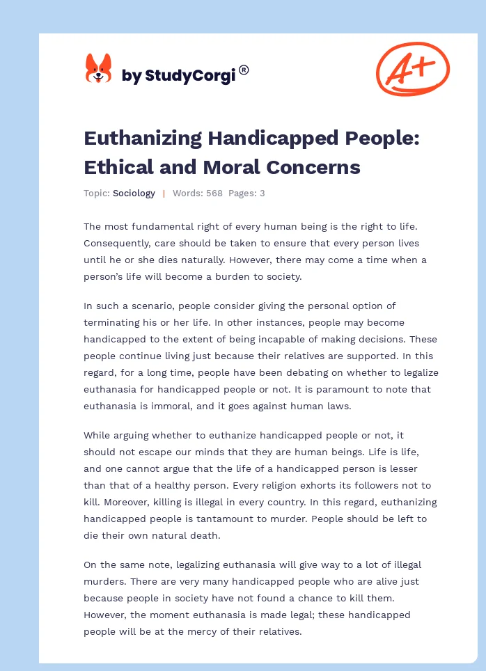 Euthanizing Handicapped People: Ethical and Moral Concerns. Page 1