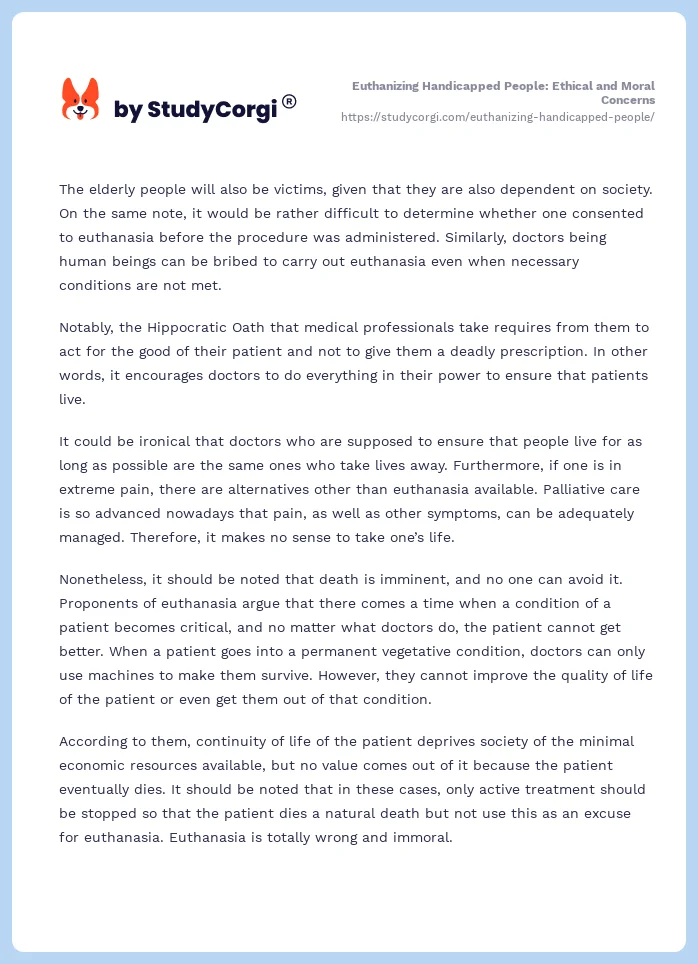 Euthanizing Handicapped People: Ethical and Moral Concerns. Page 2