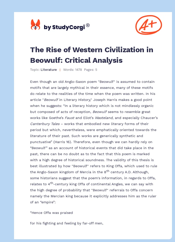 The Rise of Western Civilization in Beowulf: Critical Analysis. Page 1
