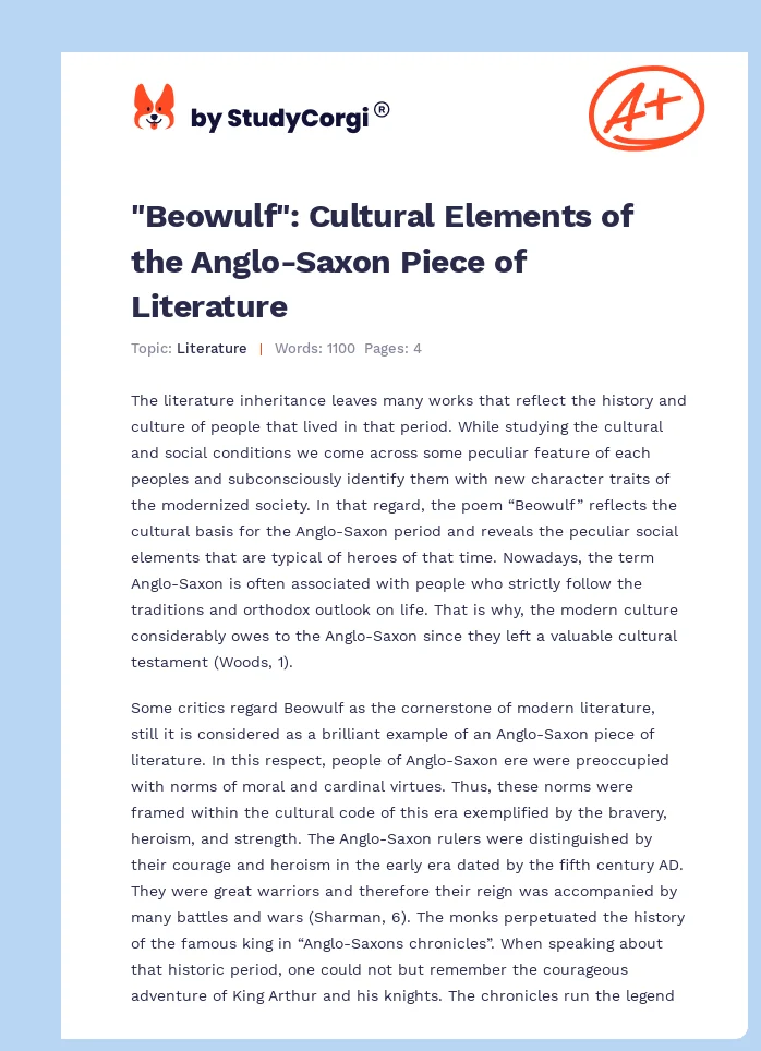 "Beowulf": Cultural Elements of the Anglo-Saxon Piece of Literature. Page 1