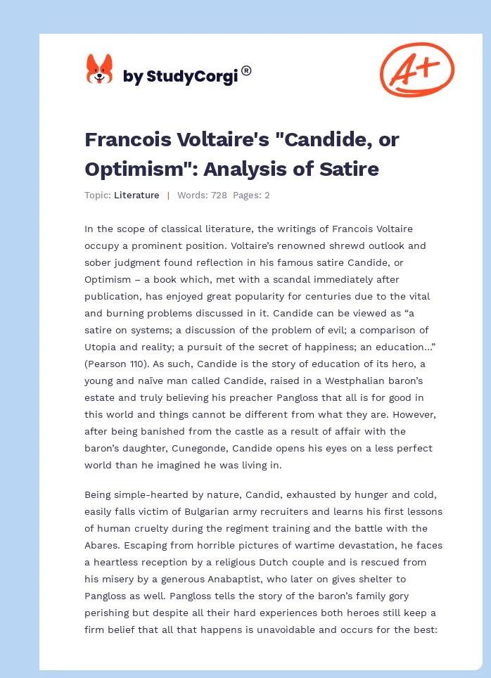 Francois Voltaire's "Candide, or Optimism": Analysis of Satire. Page 1