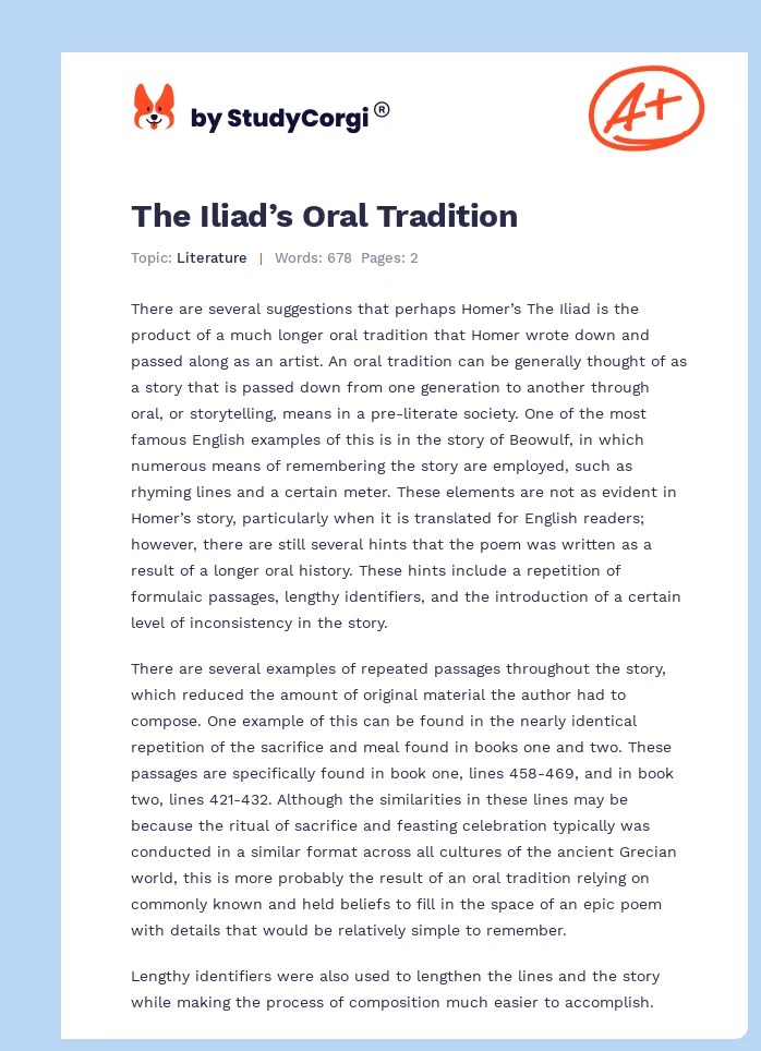 The Iliad’s Oral Tradition. Page 1