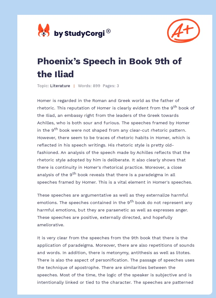 Phoenix’s Speech in Book 9th of the Iliad. Page 1