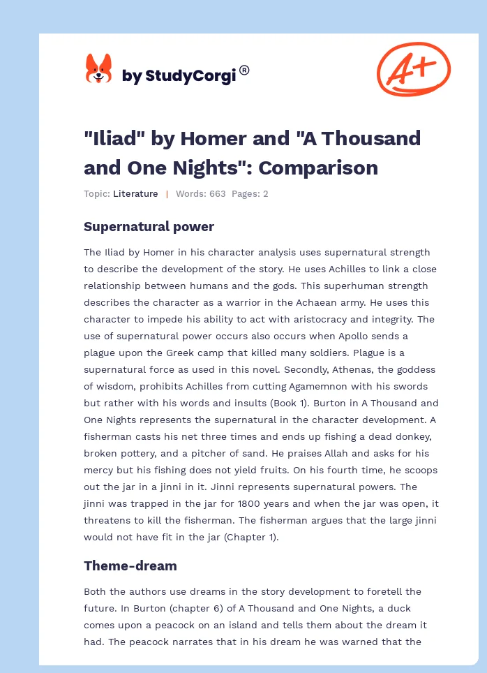 "Iliad" by Homer and "A Thousand and One Nights": Comparison. Page 1