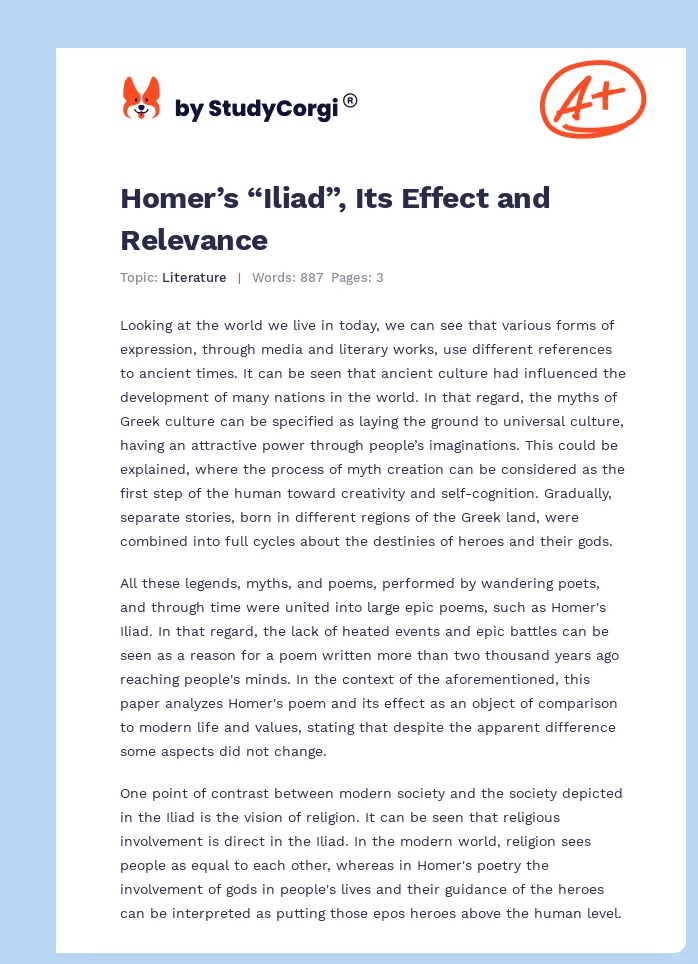 Homer’s “Iliad”, Its Effect and Relevance. Page 1
