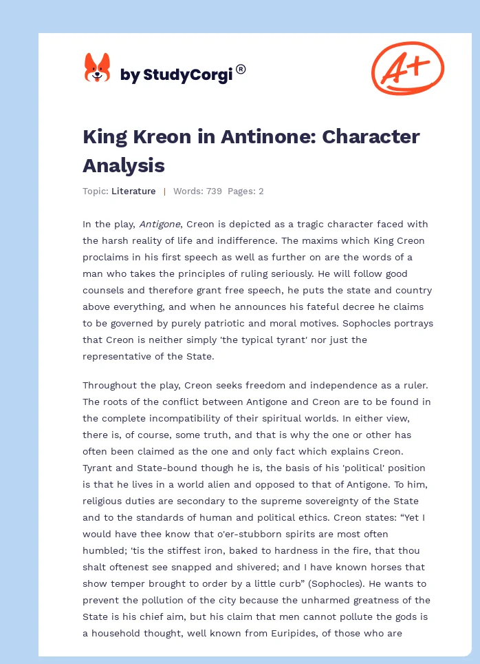 King Kreon in Antinone: Character Analysis. Page 1