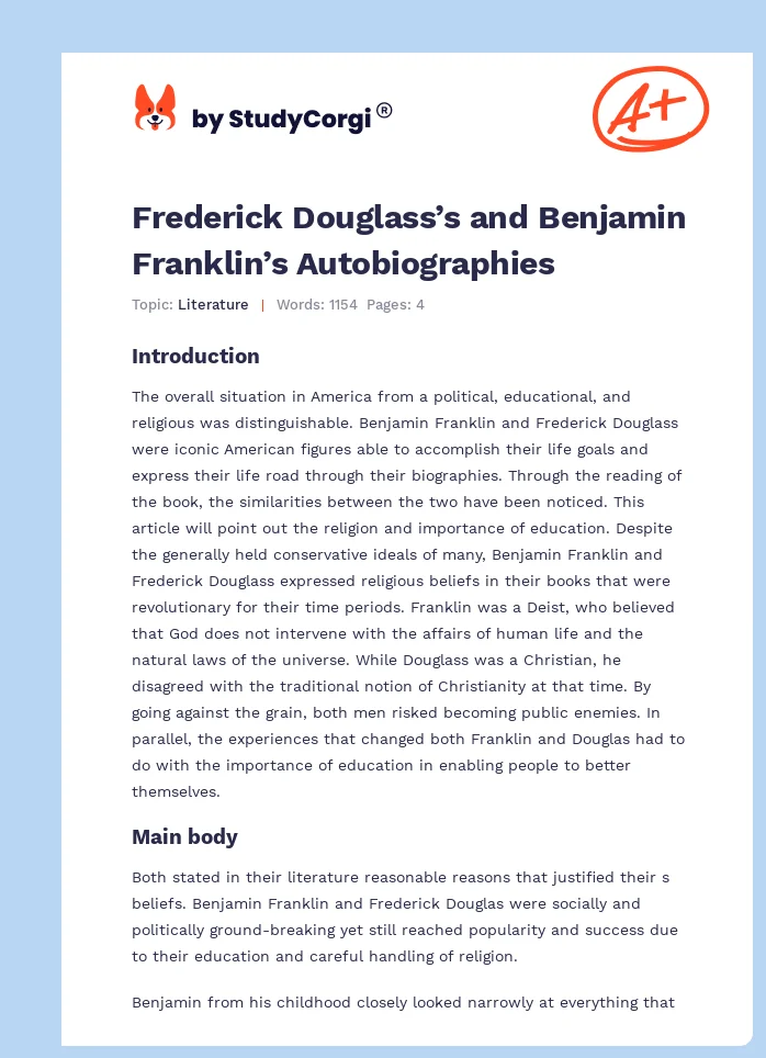 Frederick Douglass’s and Benjamin Franklin’s Autobiographies. Page 1