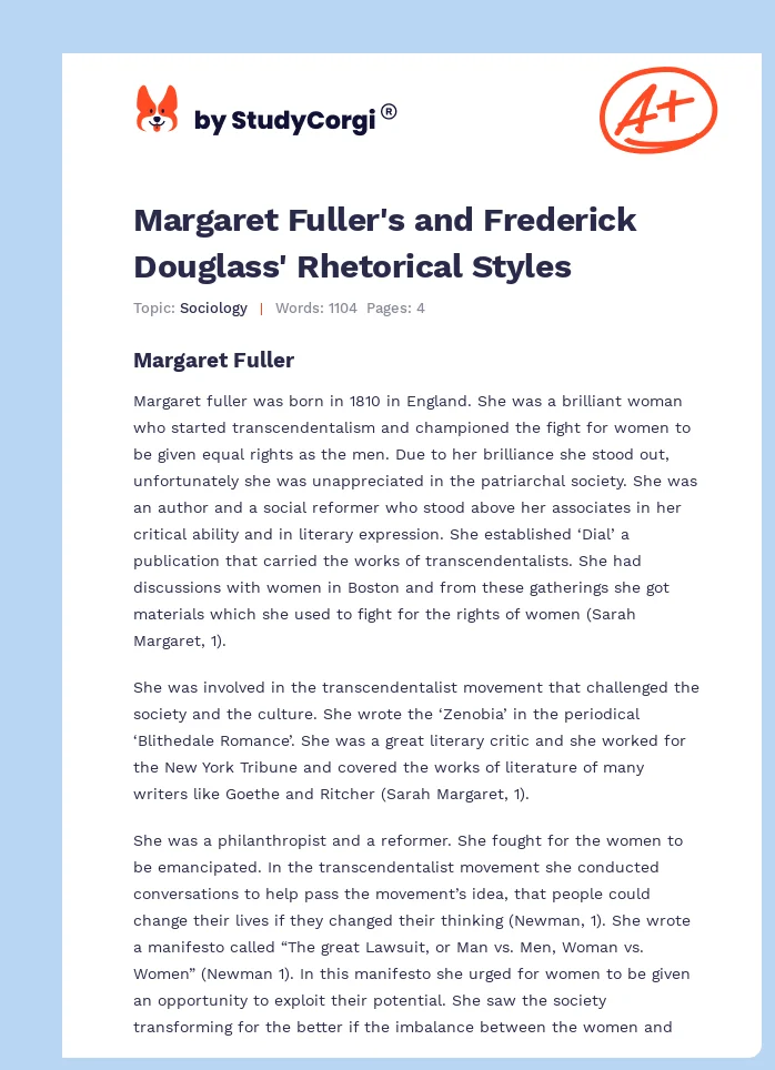 Margaret Fuller's and Frederick Douglass' Rhetorical Styles. Page 1