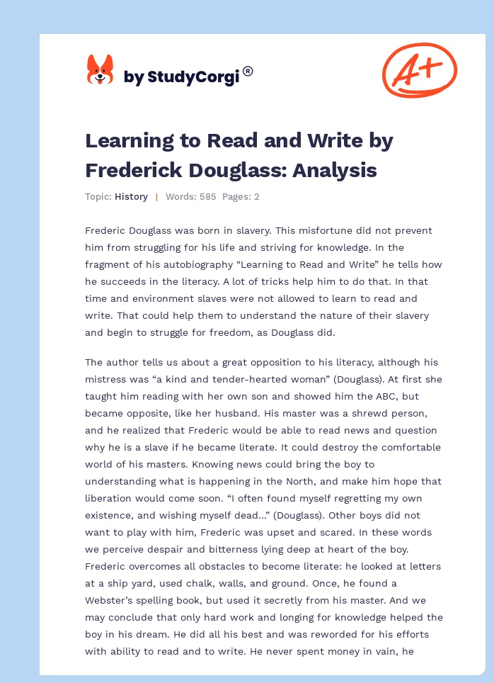 Learning to Read and Write by Frederick Douglass: Analysis. Page 1