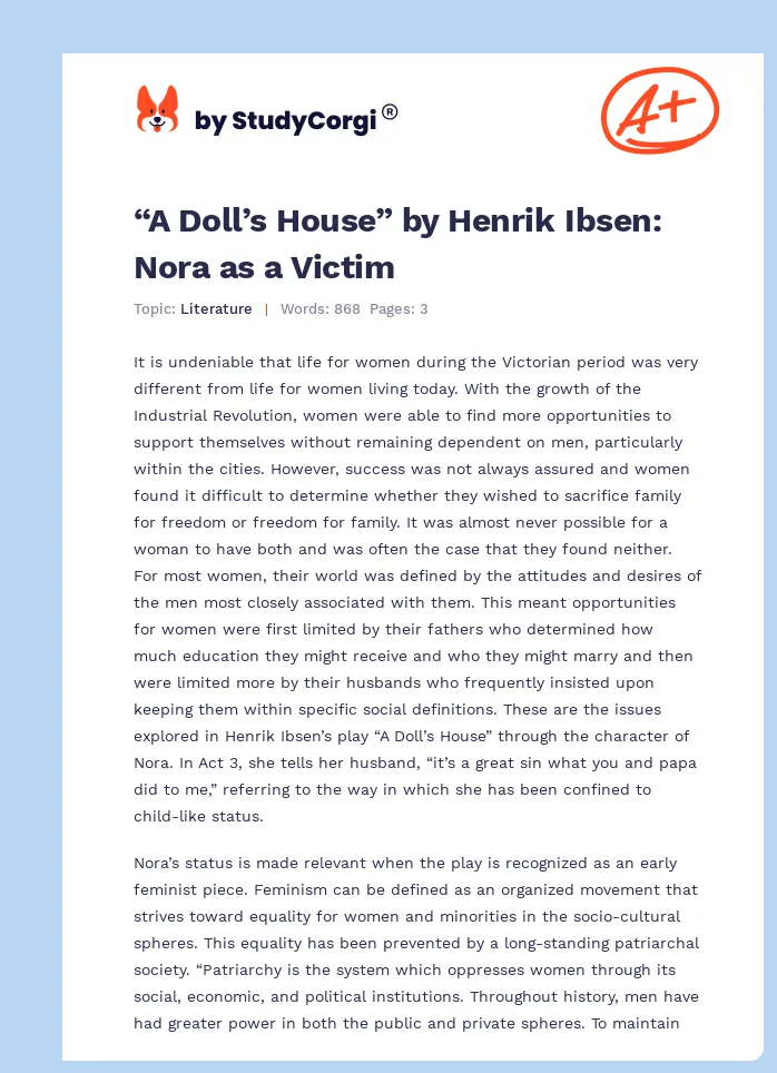“A Doll’s House” by Henrik Ibsen: Nora as a Victim. Page 1