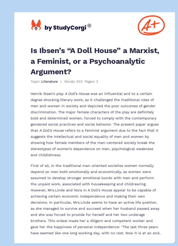 Is Ibsen’s “A Doll House” a Marxist, a Feminist, or a Psychoanalytic Argument?. Page 1