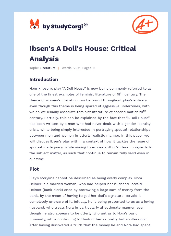 Ibsen's A Doll's House: Critical Analysis. Page 1