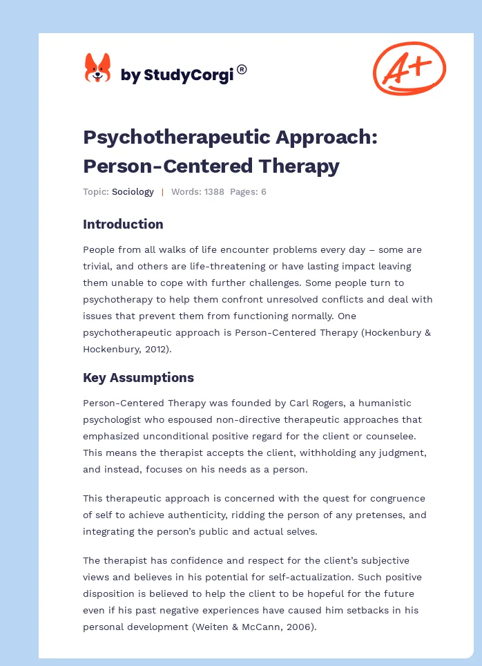 Psychotherapeutic Approach: Person-Centered Therapy. Page 1