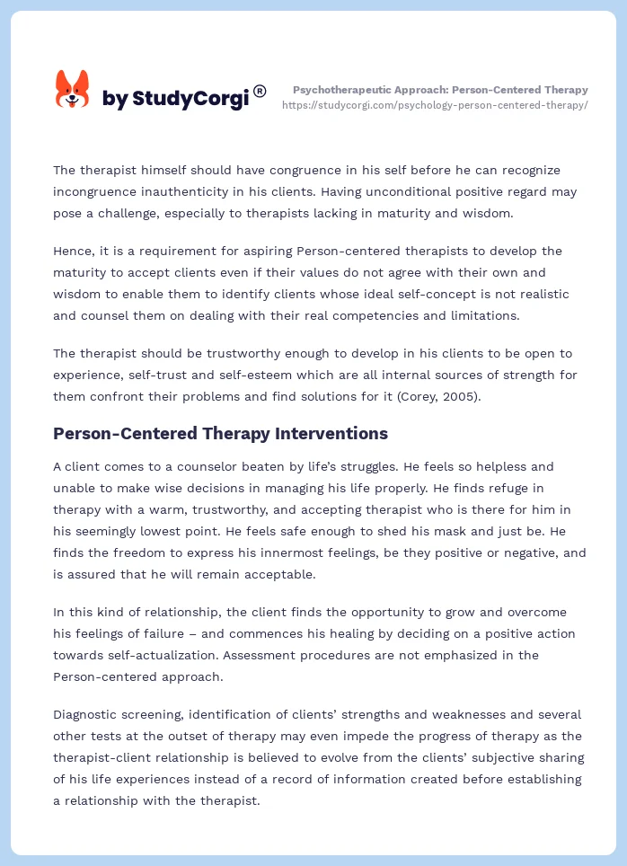 Psychotherapeutic Approach: Person-Centered Therapy. Page 2