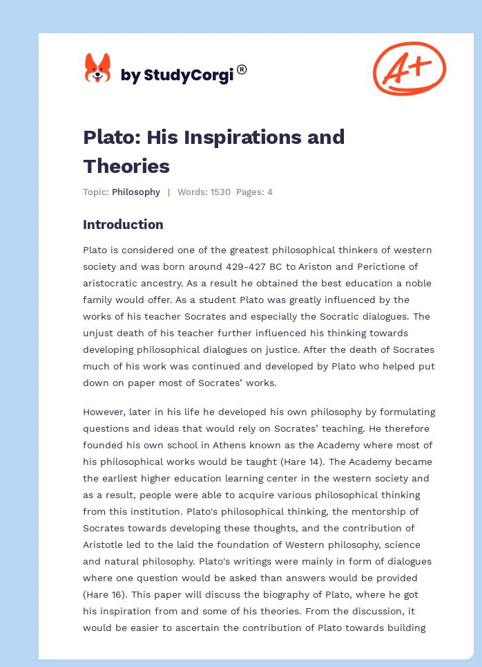 Plato: His Inspirations and Theories. Page 1