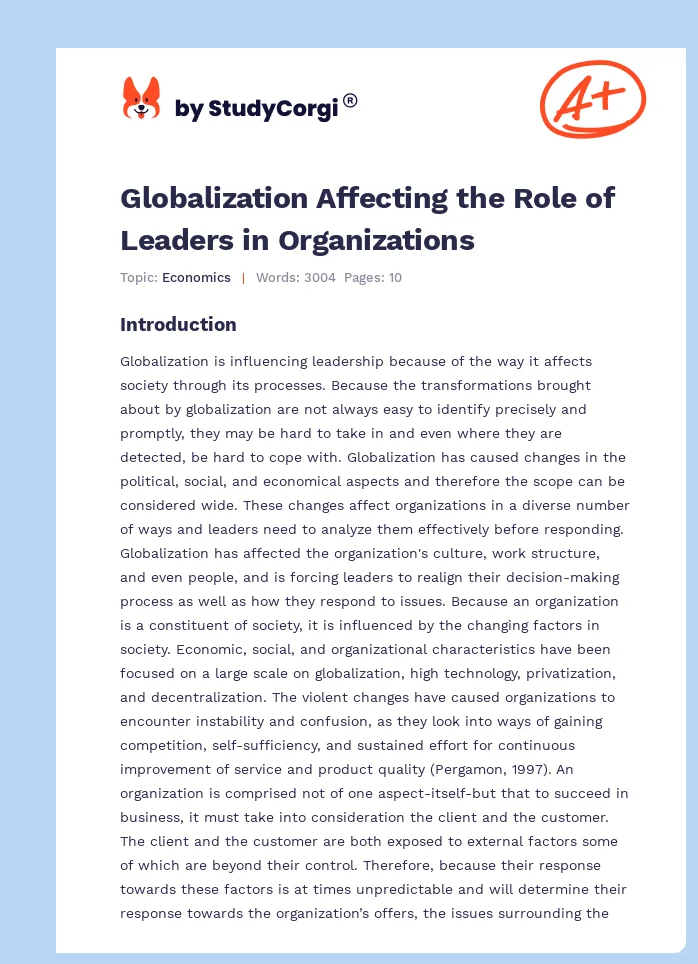 Globalization Affecting the Role of Leaders in Organizations. Page 1