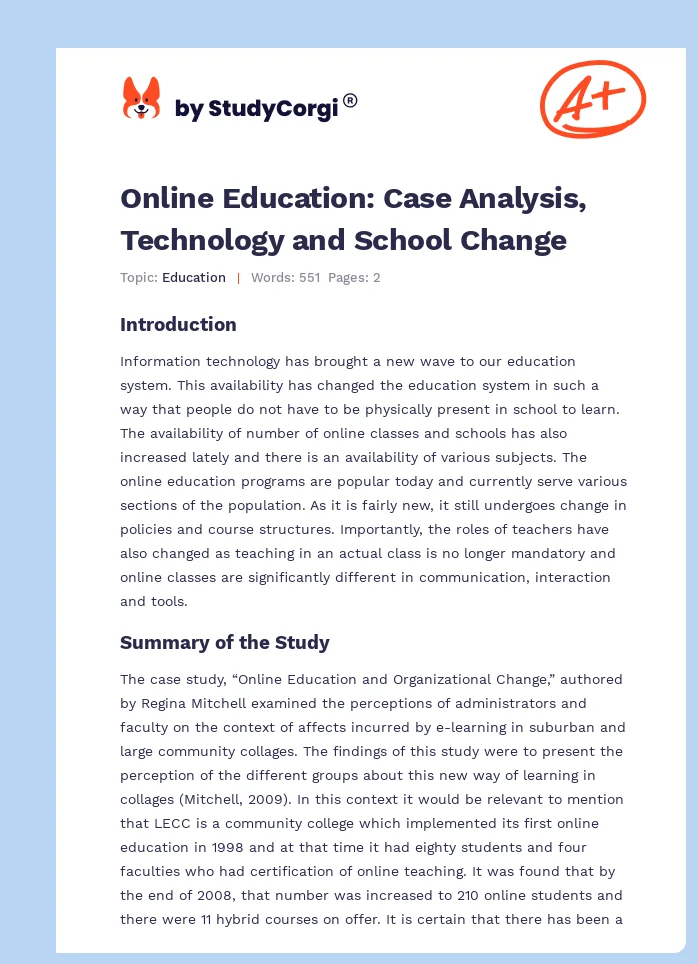 Online Education: Case Analysis, Technology and School Change. Page 1