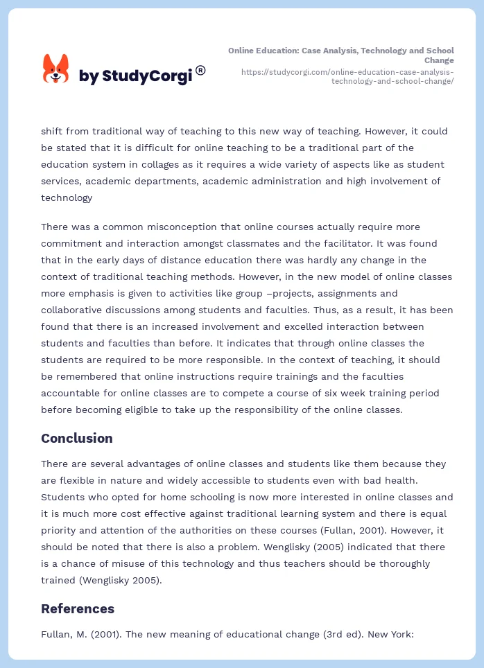 Online Education: Case Analysis, Technology and School Change. Page 2