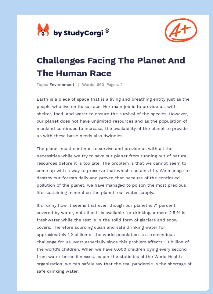 Challenges Facing The Planet And The Human Race. Page 1