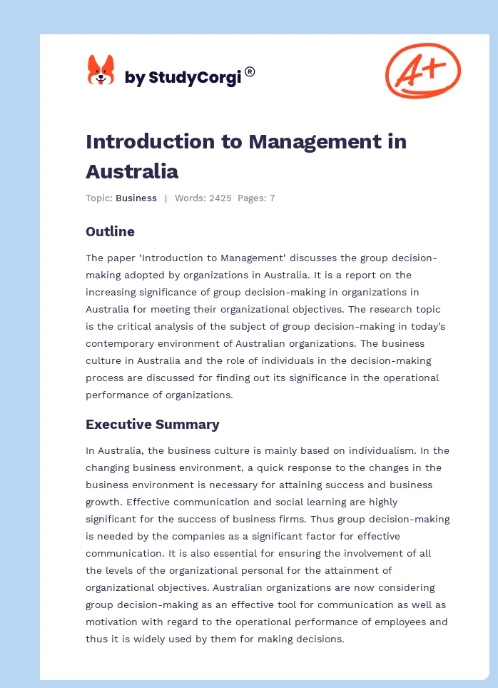 Introduction to Management in Australia. Page 1