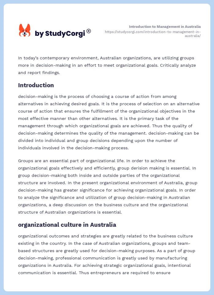Introduction to Management in Australia. Page 2
