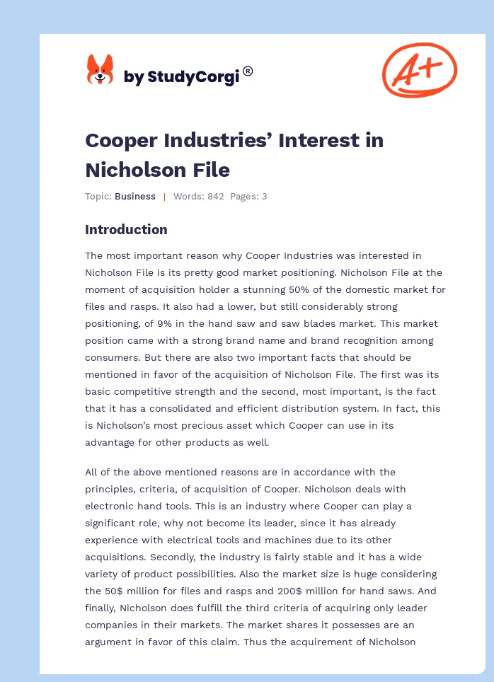 Cooper Industries’ Interest in Nicholson File. Page 1