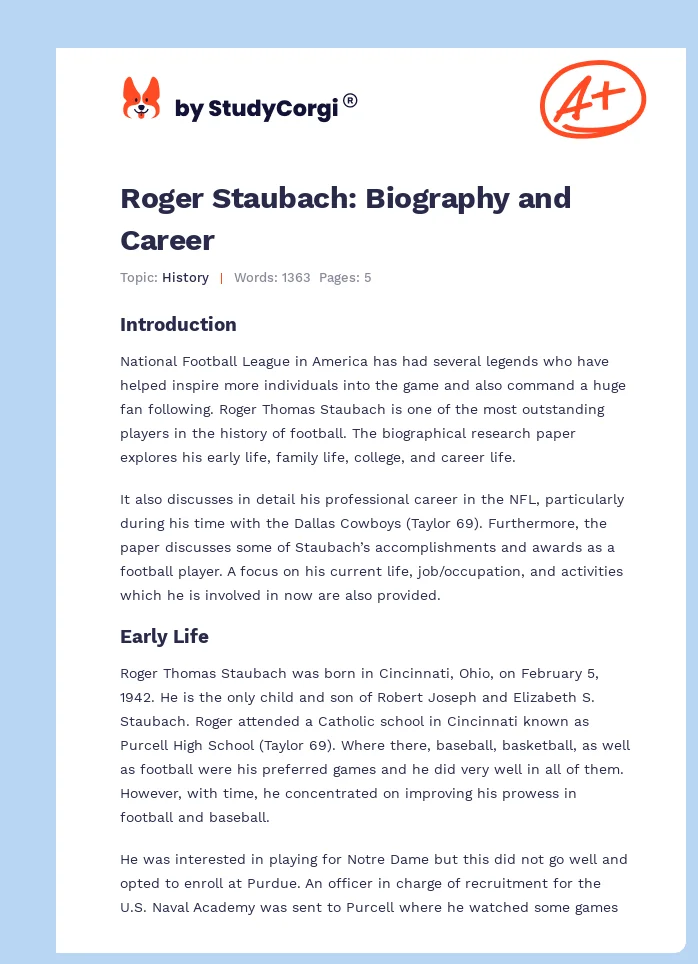 Roger Staubach: Biography and Career. Page 1