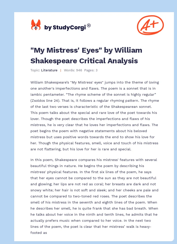 "My Mistress' Eyes" by William Shakespeare Critical Analysis. Page 1