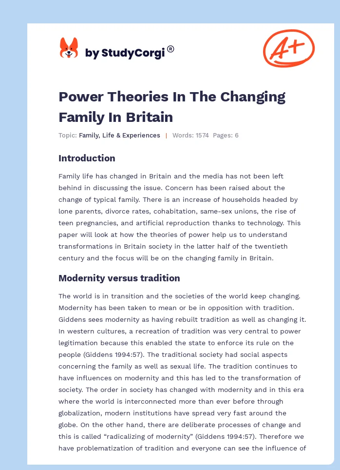 Power Theories In The Changing Family In Britain. Page 1