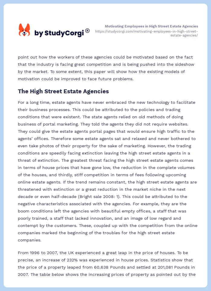 Motivating Employees in High Street Estate Agencies. Page 2