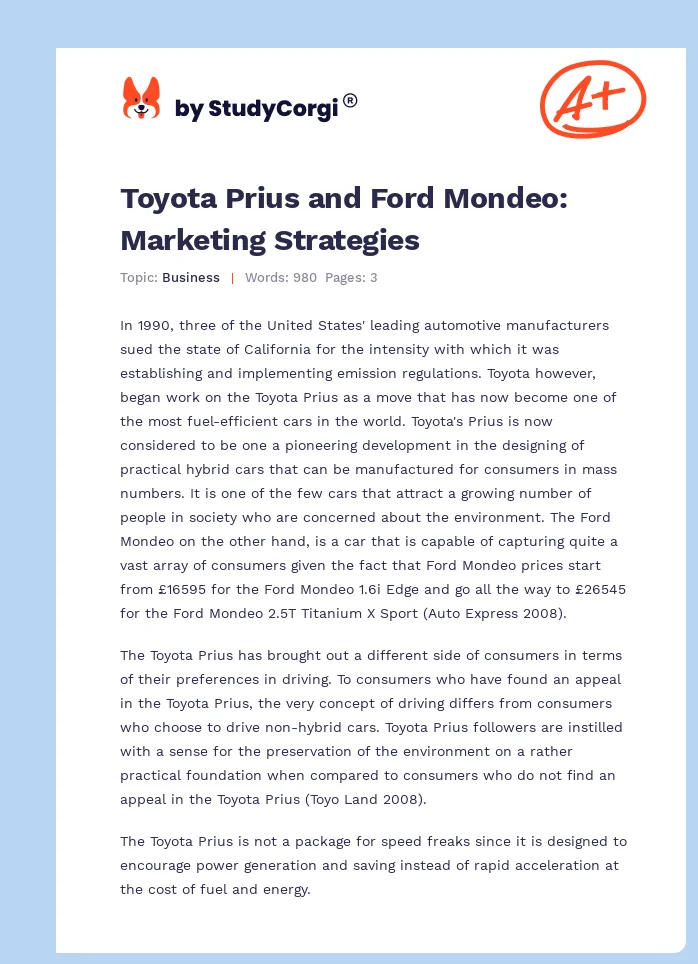 Toyota Prius and Ford Mondeo: Marketing Strategies. Page 1