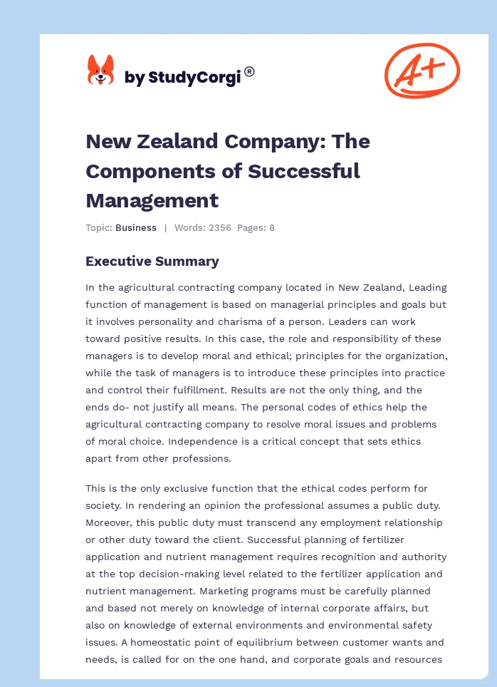 New Zealand Company: The Components of Successful Management. Page 1