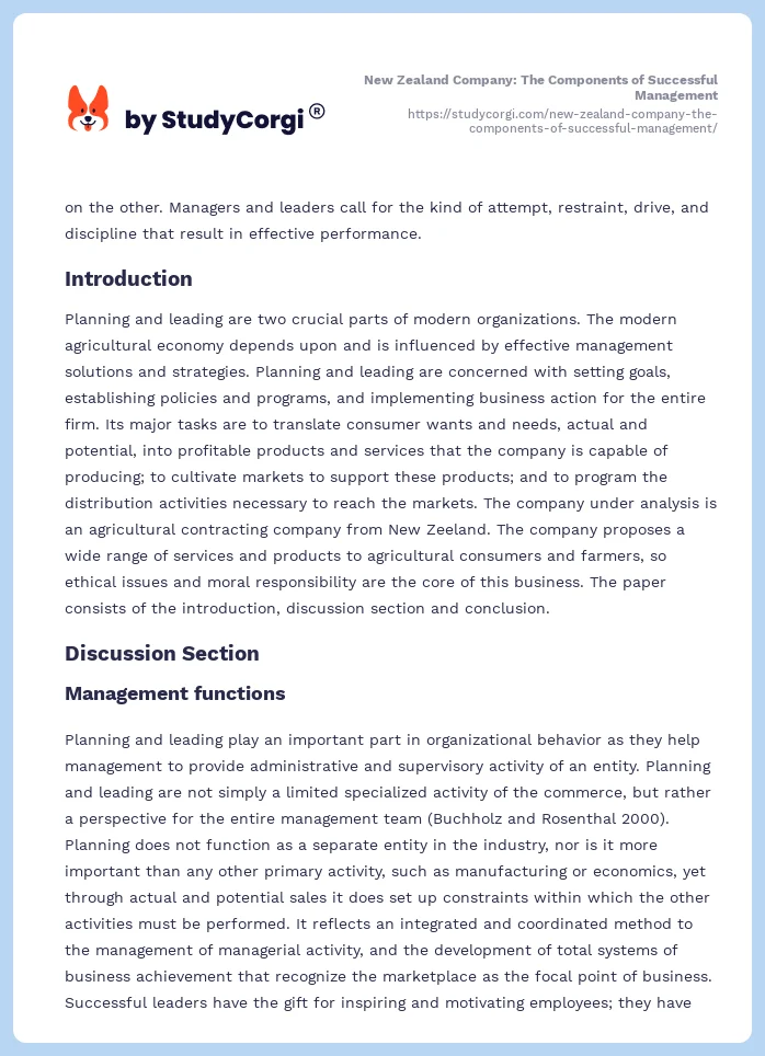 New Zealand Company: The Components of Successful Management. Page 2