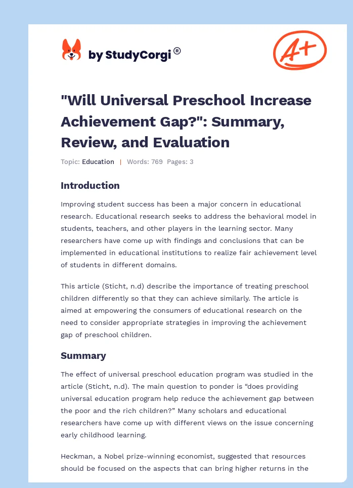 "Will Universal Preschool Increase Achievement Gap?": Summary, Review, and Evaluation. Page 1
